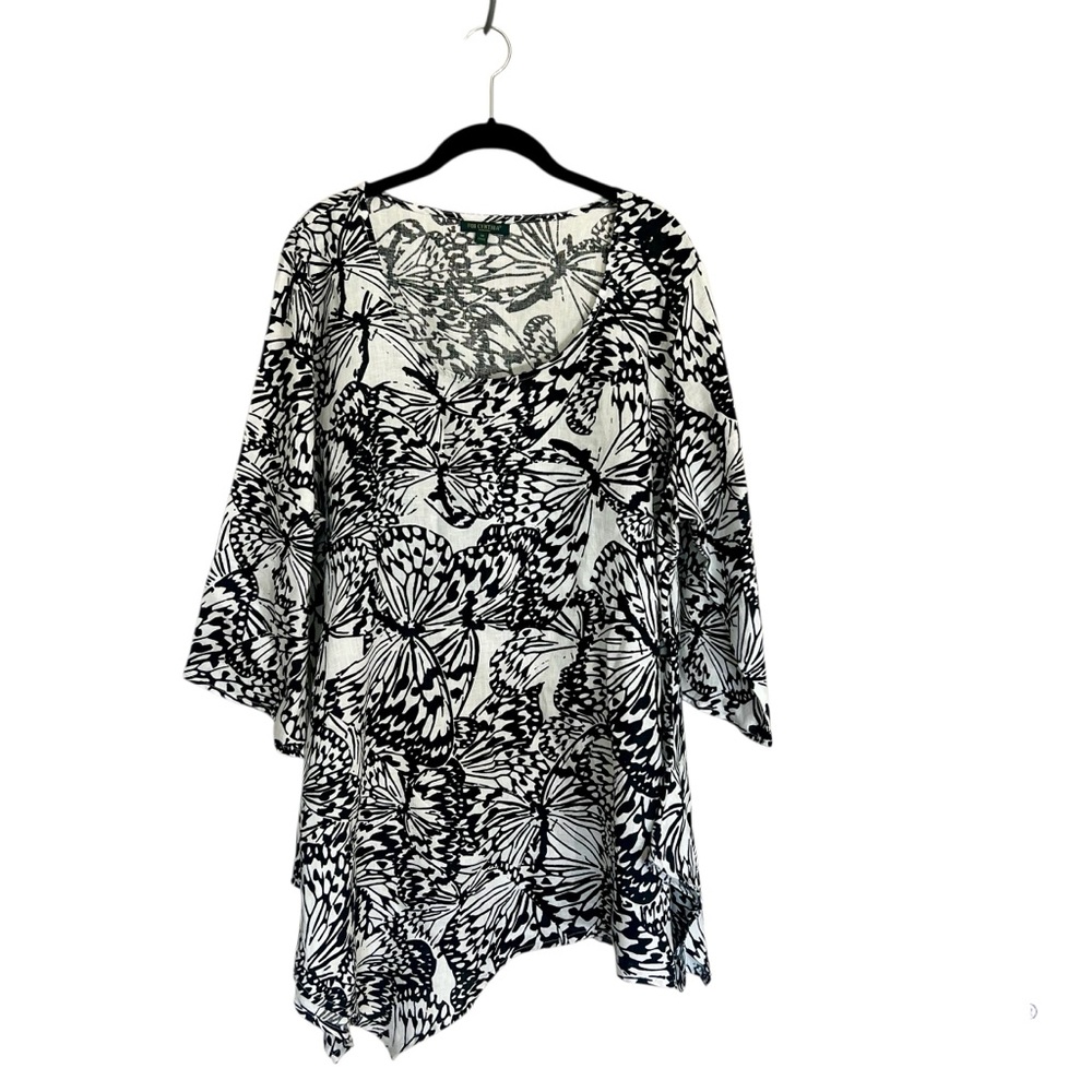 New For Cynthia Linen butterfly print Assymetrical tunic top lagenlook sz 1X